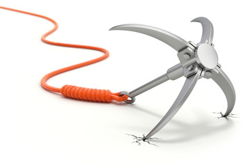 Grappling hook with orange rope on white background - 3D security concept