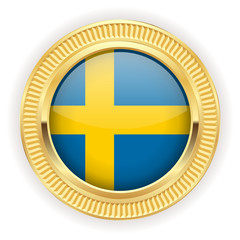 Runder Button mit schwedischer Flagge und silber Rand 