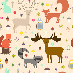Obraz na płótnie Canvas Forest animals seamless background. Flat style animals texture. Vector illustration