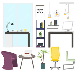 Modern office interior elements. Office furniture collection. Create your scene. Vector Illustration