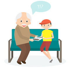 Grandfather with tablet. Grandson teaches to use tablet. Vector illustration
