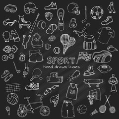 Hand drawn doodle sport set. Vector illustration. Sketchy sport related icons, tennis, golf, baseball, basketball, football, soccer, volleyball, rugby, hockey, fitness, boxing, running, bicycle