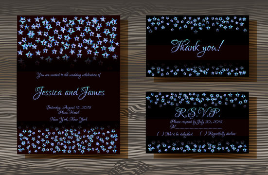 Vector wedding cards template with blue glitter texture decoration on wood texture background, Wedding invitation or save the date, RSVP and thank you card for bridal design, trendy confetti style