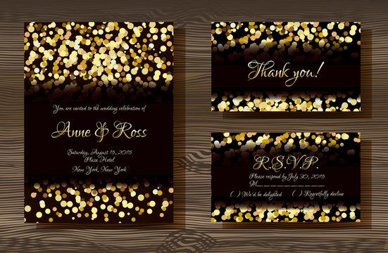 Unique vector wedding cards template with gold glitter texture decoration on wood texture background, Wedding invitation or save the date, RSVP and thank you card for bridal design, trendy gold style