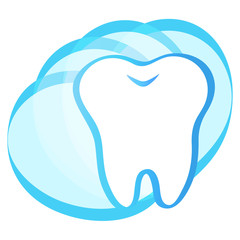 simple cartoon tooth white silhouette on a blue background, teeth, vector illustration icon, logo first tooth. Medical dental office symbols. Care for the oral cavity, dental health, care, hospital