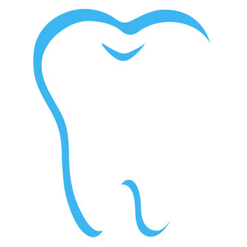 simple cartoon tooth white silhouette on a blue background, teeth, vector illustration icon, logo first tooth. Medical dental office symbols. Care for the oral cavity, dental health, care, hospital