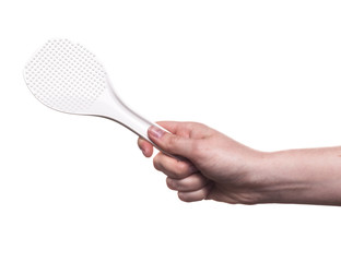 kitchen utensils in the hand of women isolated on white background