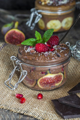 Chocolate Chia seed pudding layered and topped with fresh fruit