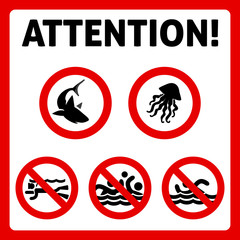 Fototapeta premium Prohibition swimming sign with text. Attention swimming people shark and jellyfish signd. Vector illustration
