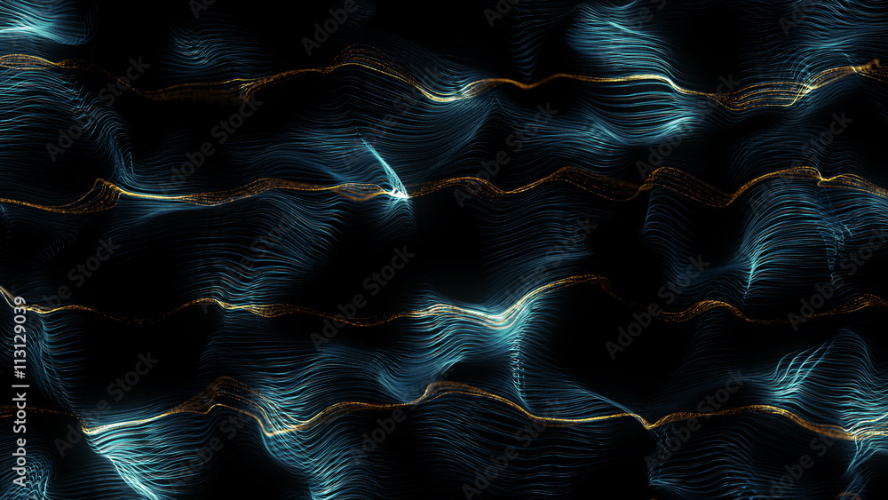 Poster abstract 3d rendering particle background, lines surface displaced with turbulence field