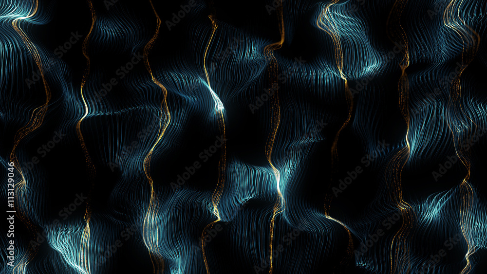 Poster abstract 3d rendering particle background, lines surface displaced with turbulence field