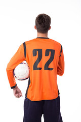 back view of soccer player isolated on white background