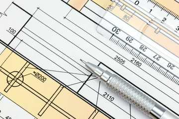 technical or architectural blueprint and pencil with ruler