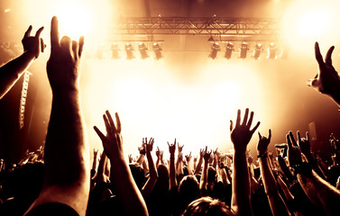 silhouettes of concert crowd in front of bright stage lights