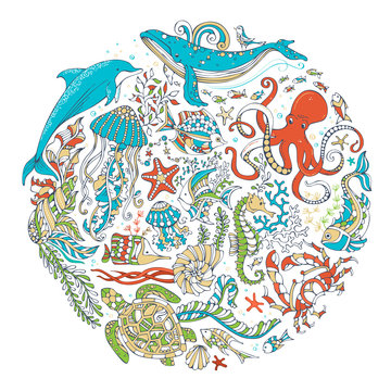 Circle vector set of sealife animals and plants over white background.