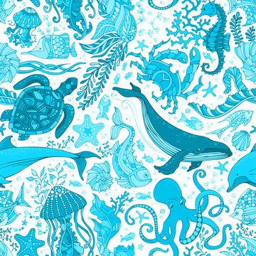 Vector blue underwater sea life boundless background.