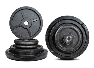 Obraz na płótnie Canvas Black dumbbell with metal discs isolated on white background