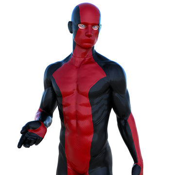 A Young Man In Red Black Super Suit. Stands Near To Camera. Latex