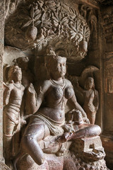 Carving in Ellora caves near Aurangabad, Maharashtra state in India