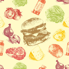Vector illustration of classic burger ingredients in seamless background