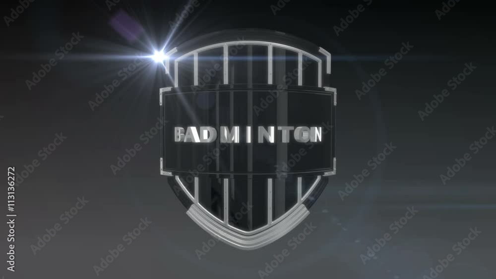 Poster seamless looping 3d animation of the word badminton on a shield – chrome version; including alpha ma