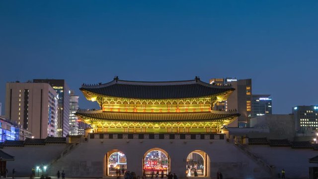 Gwanghwamun Gate at night, Seoul, South Korea, 4K Time lapse