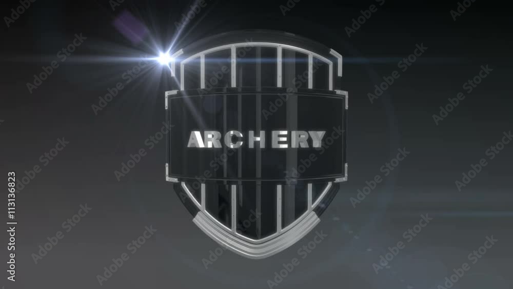 Poster seamless looping 3d animation of the word archery on a shield – chrome version; including alpha matt