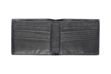 Open black leather wallet isolated on white