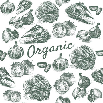 Vector vintage monochrome illustration of organic farm products in seamless background