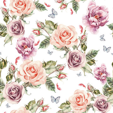 Pattern with watercolor realistic rose, peony and butterflies.
