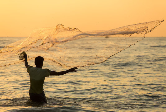 Silhouette of the unidentified Indian fisherman throwing net in sea on sunset in Fort Kochi, India.