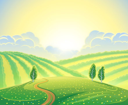 Summer rural landscape with hills and road. Sunrise over the hills that morning.
