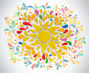 Decorative sun and with hand drawn rays on a white background. Plasticine illustration.