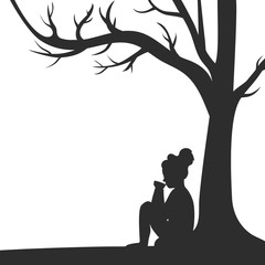 Vector illustration with woman sitting under a tree and drinking tea out of bowl.