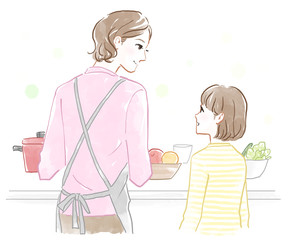 食事の準備をする親子