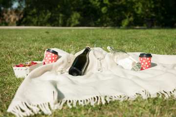 Champagne bottle on blanket