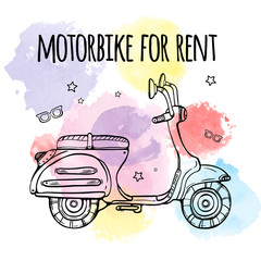 Motobike for rent. Advertising banner ad. Text and bike on watercolor background. Vector illustration.