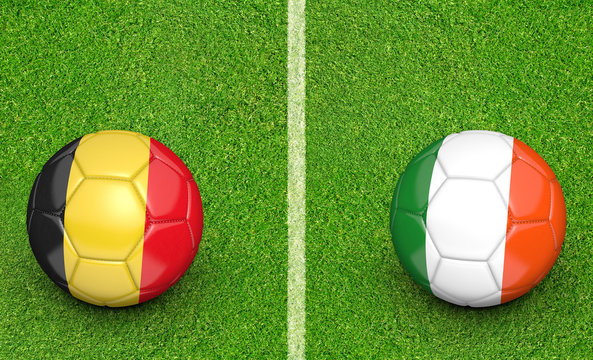 Team balls for Belgium vs Ireland football tournament match, 3D rendering