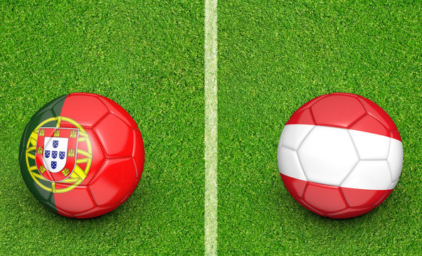 Team balls for Portugal vs Austria football tournament match, 3D rendering