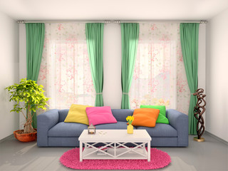 3d illustration of Bright, colorful, bright, mod interior room