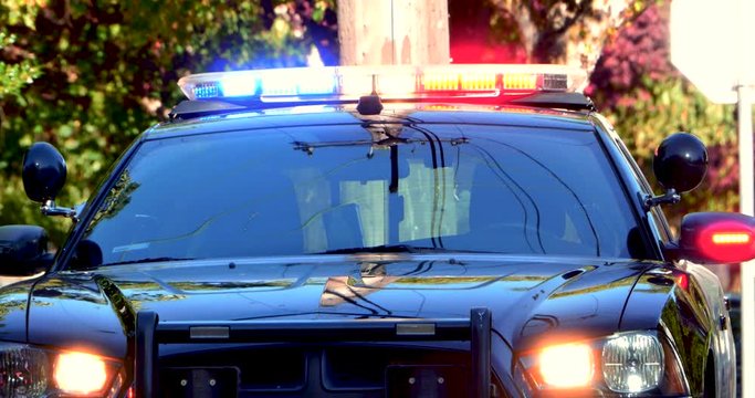 4K Police Car Emergency Lights Flashing, Top Bar and Grill, Red and Blue Light