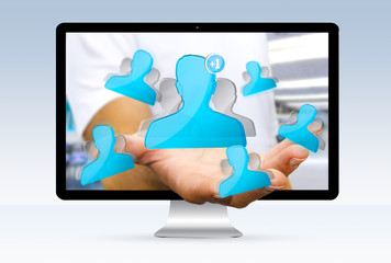 Businessman using digital social network interface