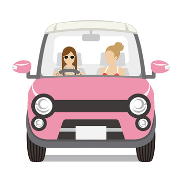 Two women riding the pink car, Front view - Isolated