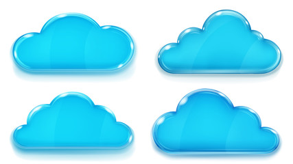 Set of transparent glass clouds in blue colors on white background. Transparency only in vector format. Can be used with any background