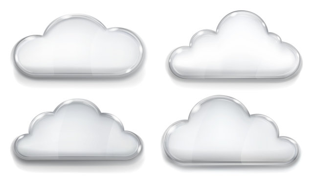 Set of transparent glass clouds in gray colors on white background. Transparency only in vector format. Can be used with any background