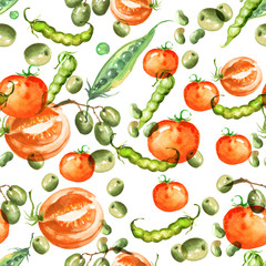      Watercolor seamless pattern. Olives, slices, twigs, peas, beans, berries, vegetables on a white background 