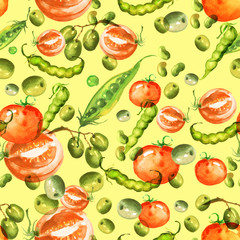      Watercolor seamless pattern. Olives, slices, twigs, peas, beans, berries, vegetables on a white background 