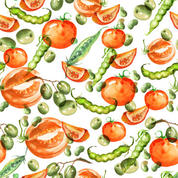      Watercolor seamless pattern. Olives, slices, twigs, peas, beans, berries, vegetables on a white background 