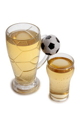 Glass beer mug and a ball on a white background