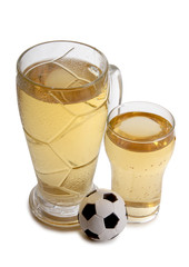 Glass beer mug and a ball on a white background